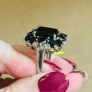 Black agate & spinel ring Sizes 6 and 8.  925 silver/rhodium over